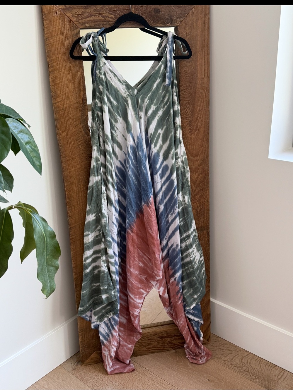 Tie-Dye Sleeveless V-Neck Jumpsuit in Olive, Blue & Rose